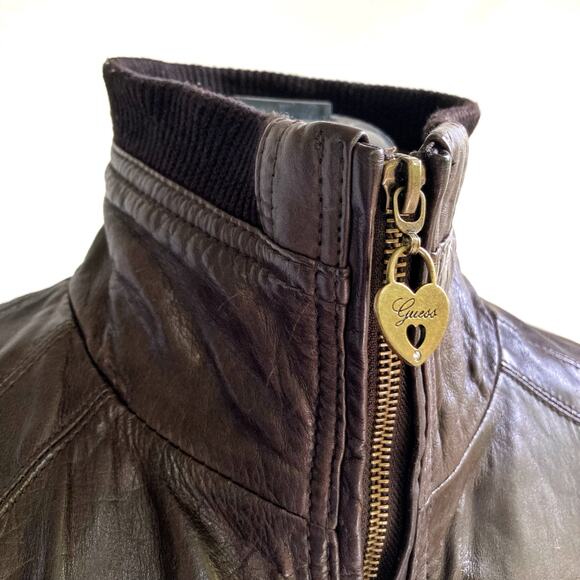 Guess Y2K Chocolate Brown Leather Jacket | Heart Zip Tiger Satin Lining Bomber - Picture 6 of 16